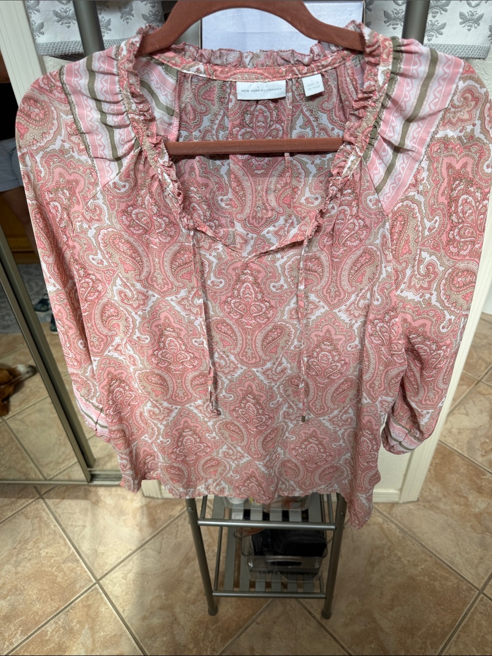 New York & Company Rose Paisley Ruffled Tie-Neck Blouse